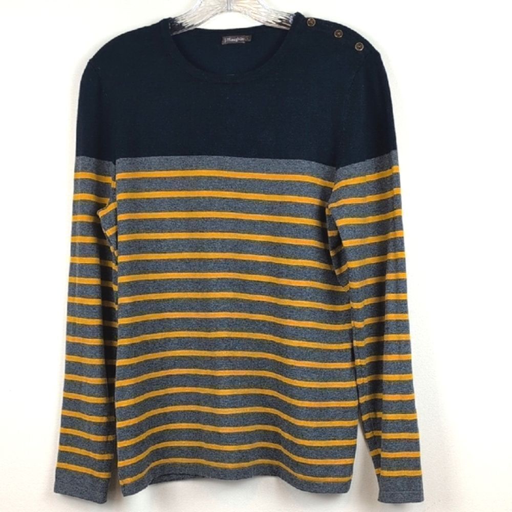 J.McLaughlin Navy Crew Neck Striped Sweater Shoulder Button Detail Size L